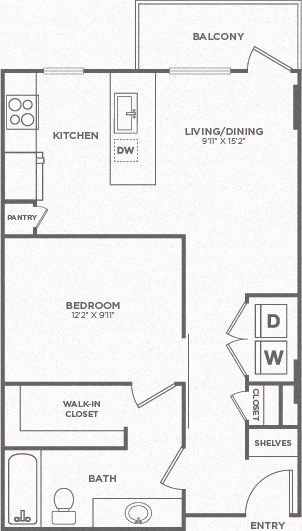 Floor plan for 1 bed, 1 bath, 669 sqft